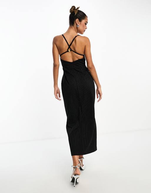 ASOS DESIGN structured midi cami dress with buckle detail in black pinstripe ASOS