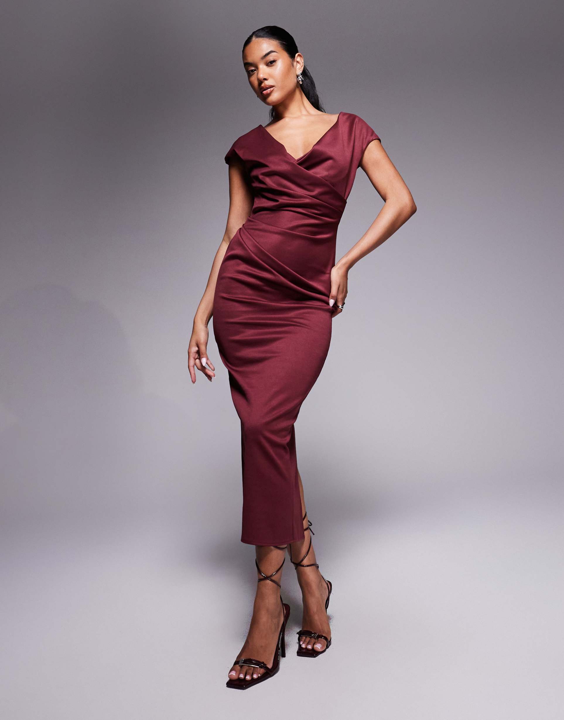 asos design structured midi dress with capped sleeve and draped cross front in dark berry