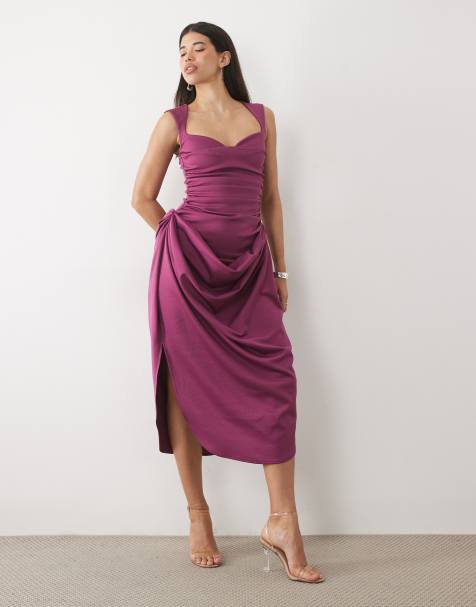 ASOS DESIGN structured midi dress with draped skirt in plum scuba-style fabric - view 1