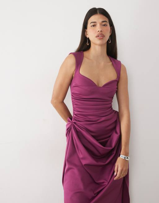 ASOS DESIGN structured midi dress with draped skirt in plum scuba-style fabric, 2 of 4