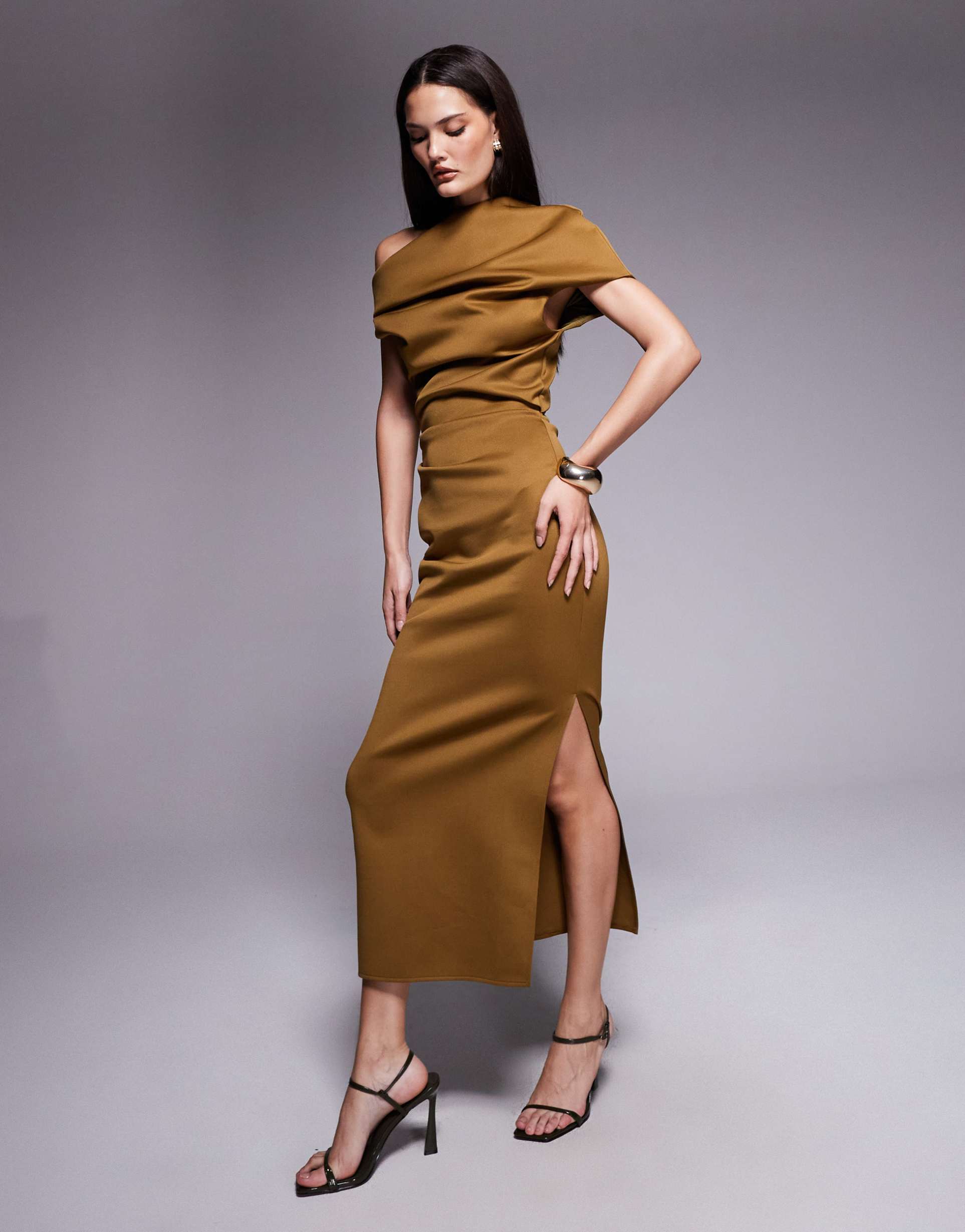asos design structured midi dress with fallen shoulder in brown in scuba-style fabric