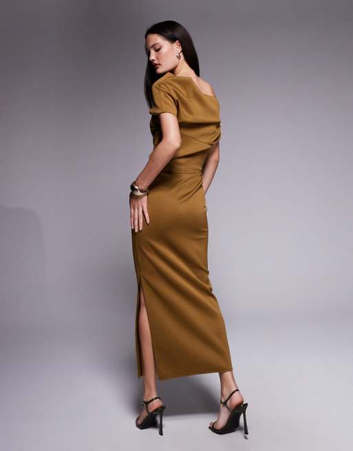 ASOS DESIGN structured midi dress with fallen shoulder in brown in scuba-style fabric