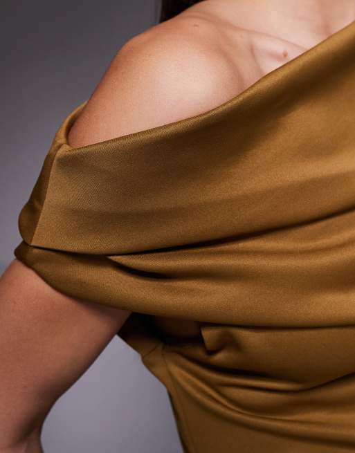 ASOS DESIGN structured midi dress with fallen shoulder in brown in scuba-style fabric