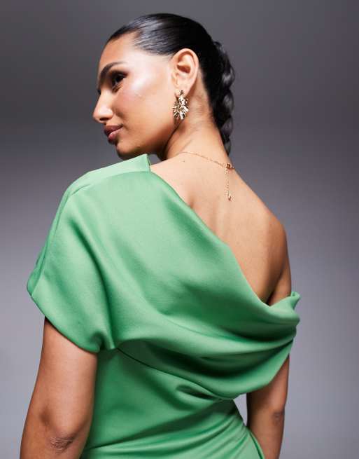 ASOS DESIGN structured scuba midi dress with fallen shoulder in green