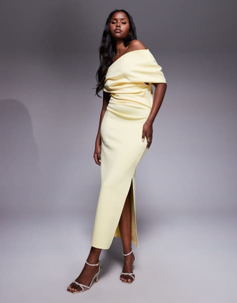ASOS DESIGN structured midi dress with fallen shoulder in light yellow scuba-style fabric - view 1