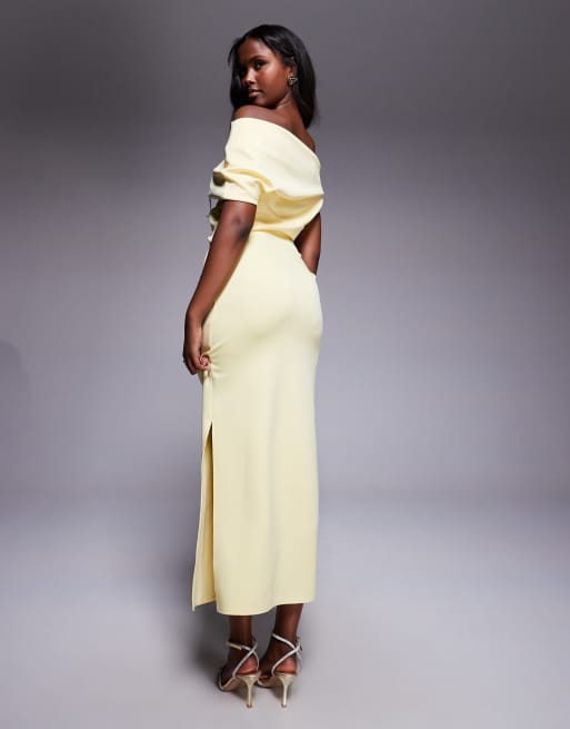 ASOS DESIGN structured midi dress with fallen shoulder in light yellow scuba-style fabric, 2 of 4