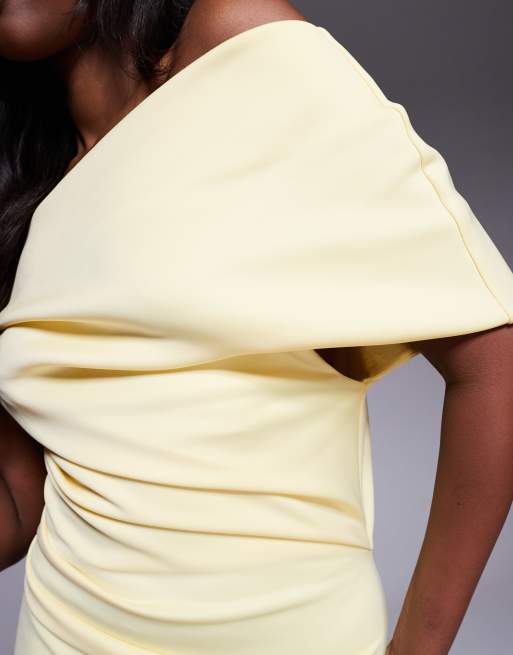ASOS DESIGN structured midi dress with fallen shoulder in light yellow scuba-style fabric, 3 of 4