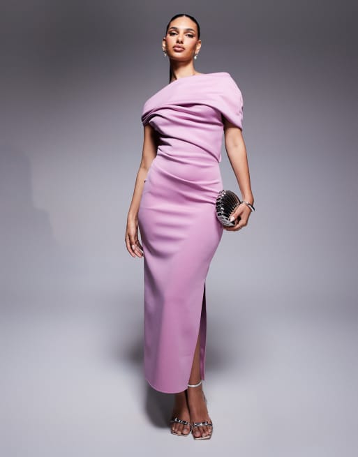 ASOS DESIGN structured scuba midi dress with fallen shoulder in mauve
