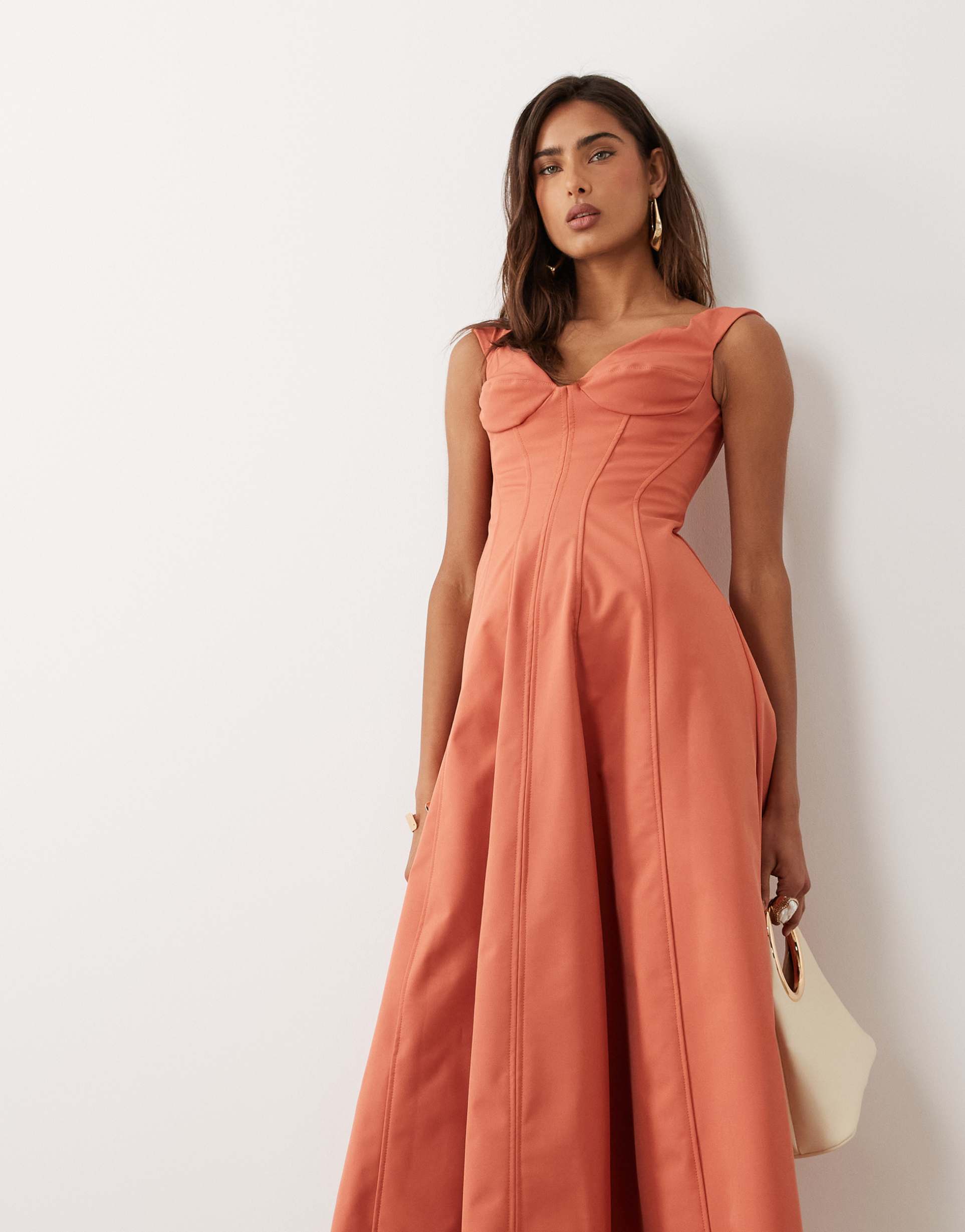 asos design structured midi dress with seaming details in rust