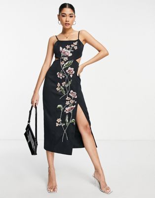 ASOS DESIGN structured midi dress with stencil floral embellishment in black | ASOS