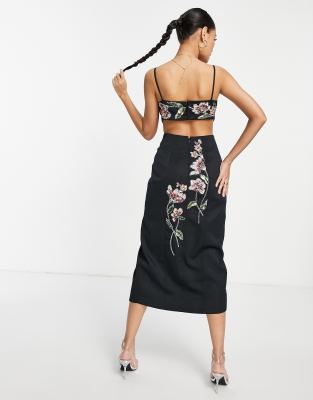 ASOS DESIGN structured midi dress with stencil floral embellishment in  black