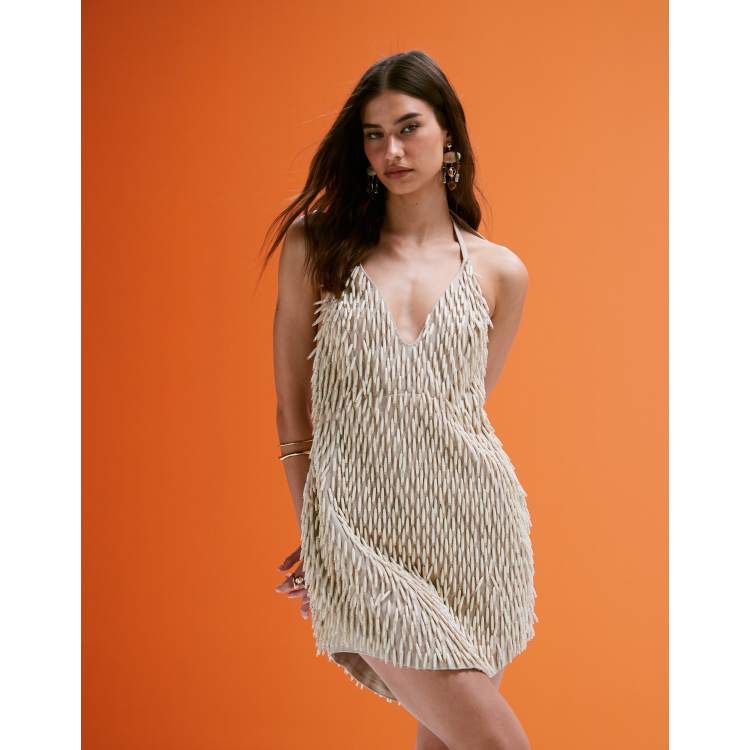 ASOS DESIGN structured mini dress with 3D beading in cream | ASOS