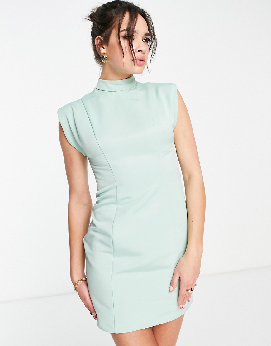 ASOS DESIGN structured mini dress with shoulder pads in sage green