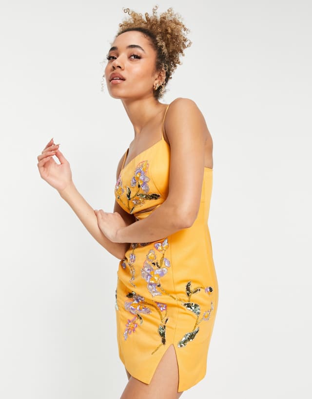 ASOS DESIGN structured mini dress wth floral embellishment in orange