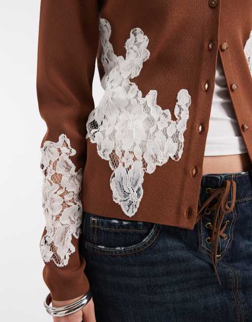 ASOS DESIGN structured neat fit lace detail cardigan co-ord in auburn, 2 of 4