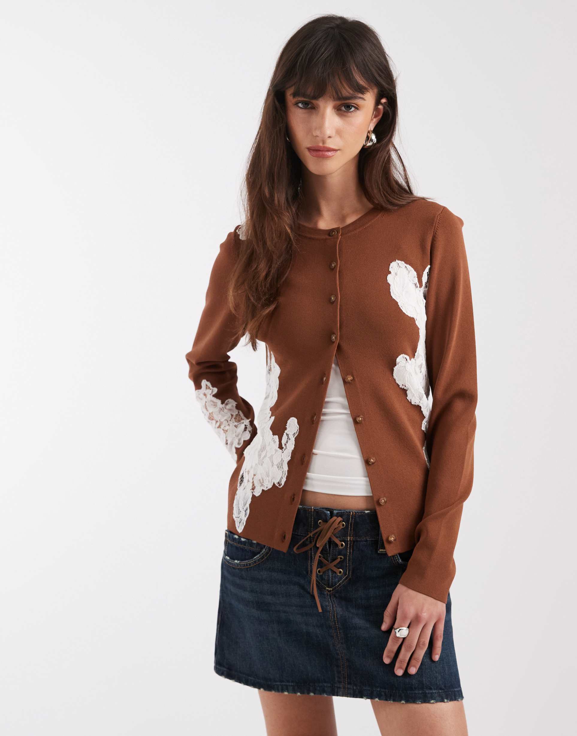 asos design structured neat fit lace detail cardigan in auburn - part of a set