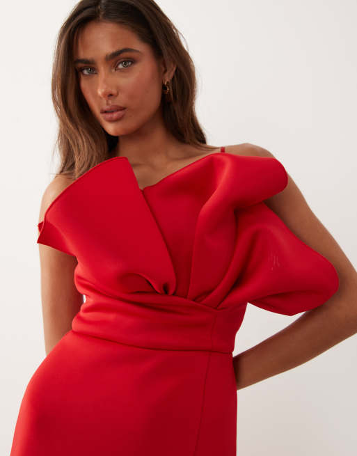 ASOS DESIGN structured neck detail maxi dress in red scuba-style fabric, 4 of 4