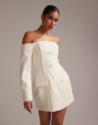 Asos Design Structured Off Shoulder Mini Tux Dress In Ivory-white