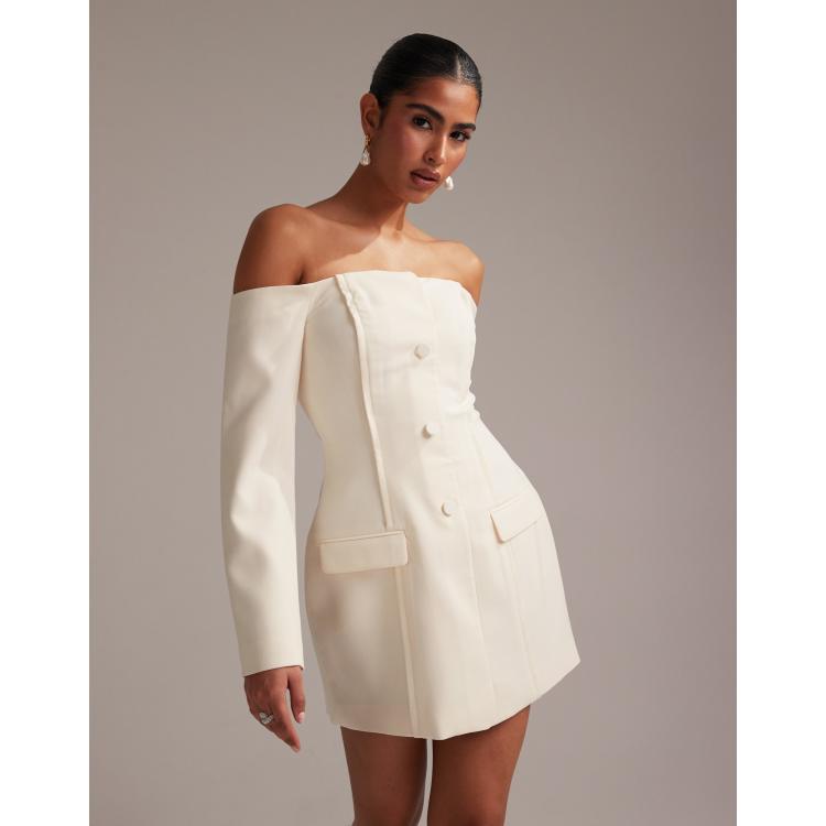 asos design premium bandeau tux detail maxi dress in ivory structured off shoulder mini Rewards 30% Off NH JULY