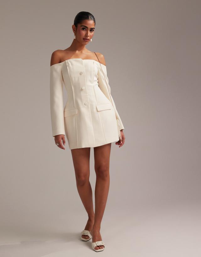 asos ivory dress DESIGN structured off shoulder mini tux in Movement