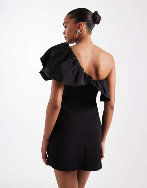 ASOS DESIGN structured one shoulder mini dress with contrast taffeta scrunch neckline in black, 3 of 4