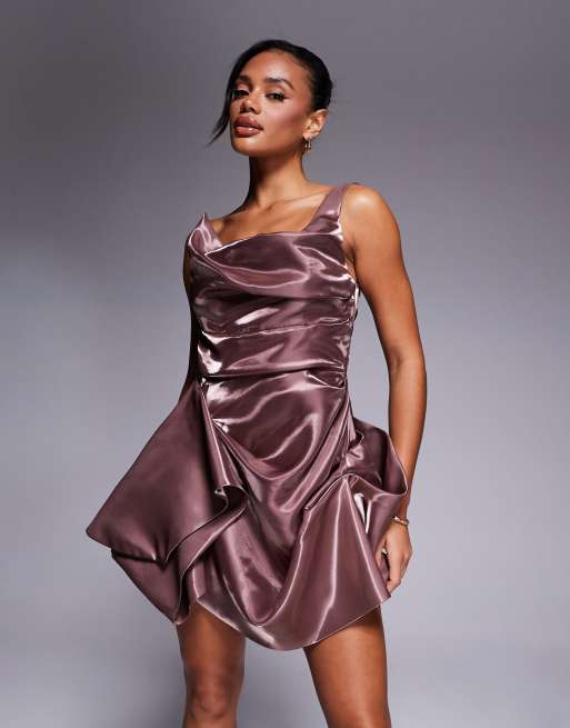 ASOS DESIGN structured one shoulder sculpted hem mini dress in mocha
