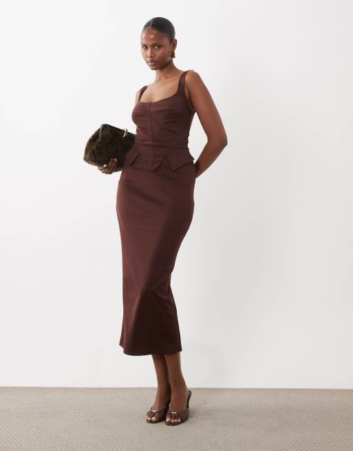 ASOS DESIGN structured pencil midi dress with corset waist detail in bitter chocolate scuba-style fabric