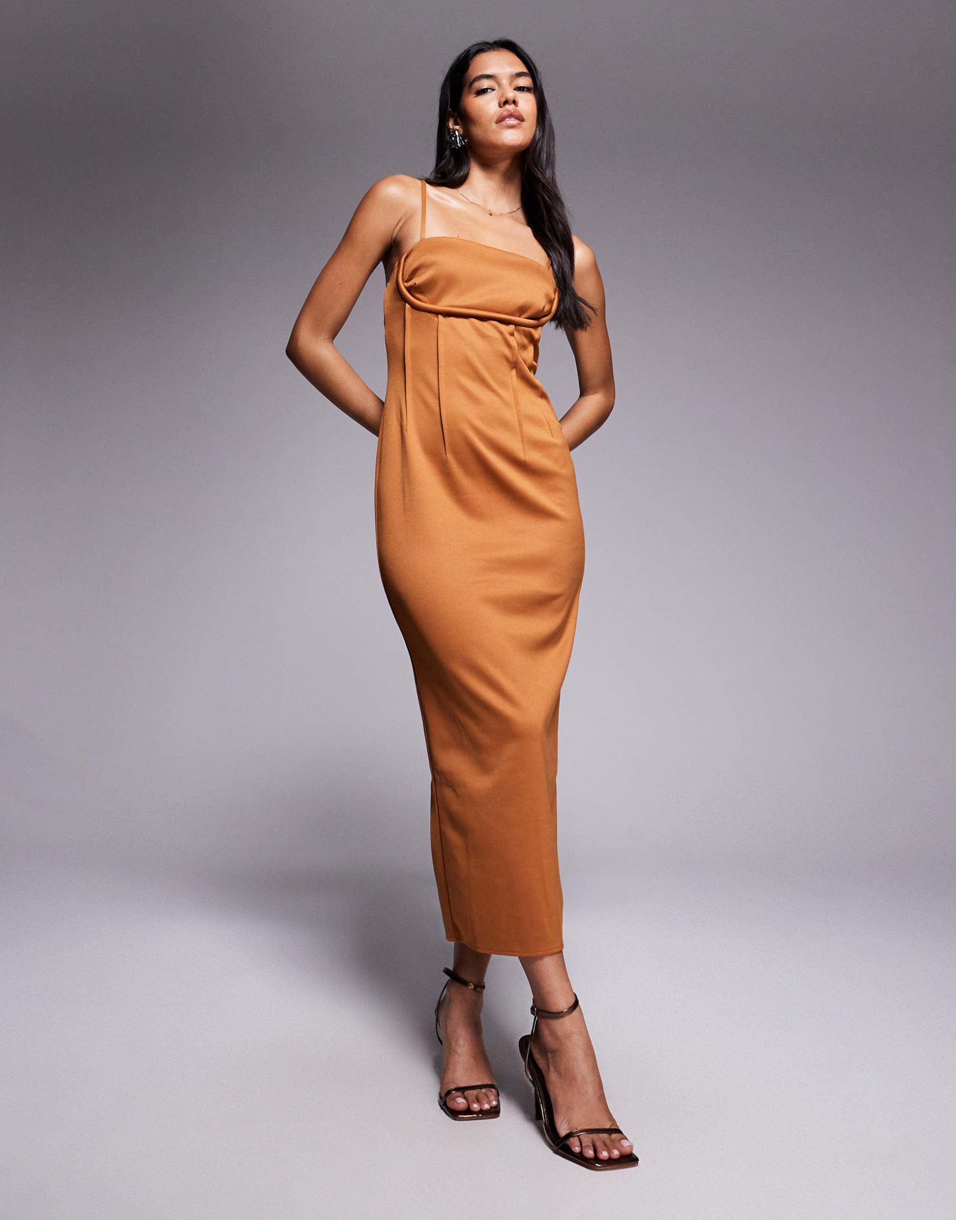 asos design structured pencil midi dress with exposed seaming and corset detail in bronze