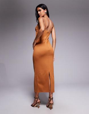 Asos Design Structured Pencil Midi Dress With Exposed Seaming And Corset Detail In Brown