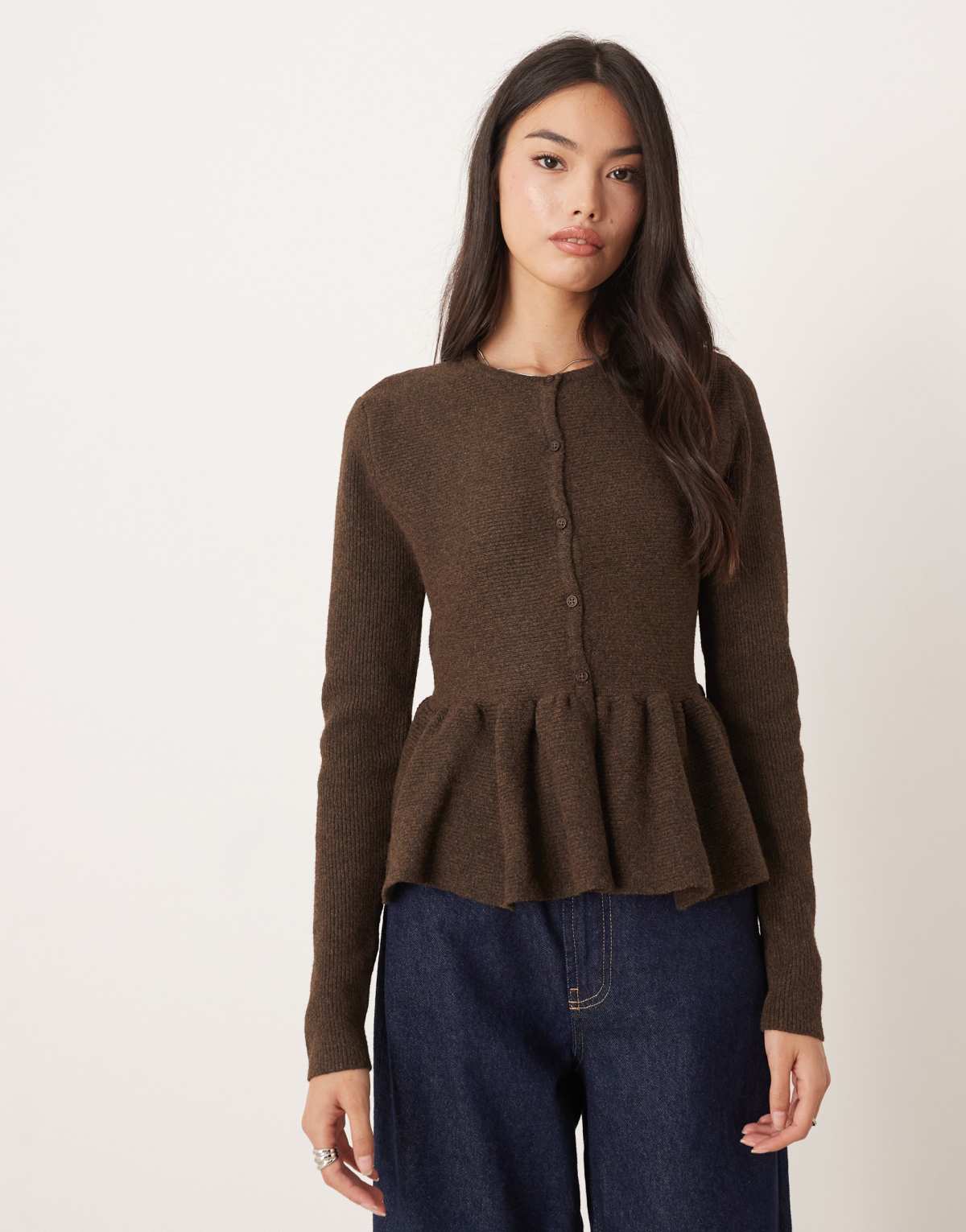 ASOS DESIGN structured peplum hem cardigan in chocolate