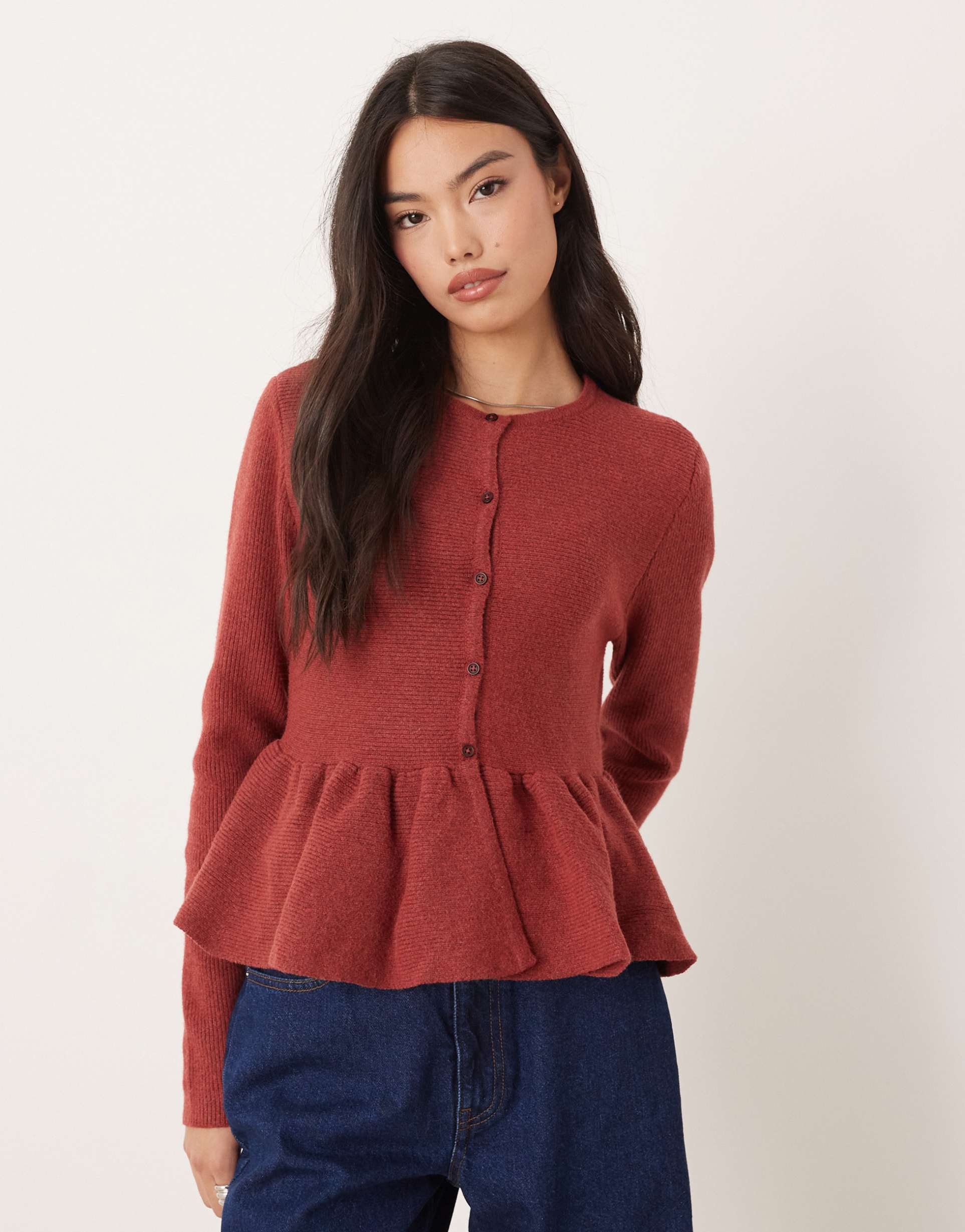 asos design structured peplum hem cardigan in full bodied red