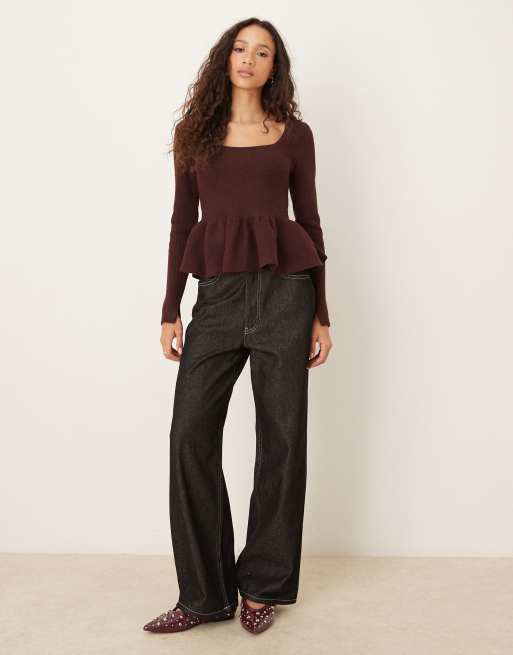 ASOS DESIGN structured peplum hem top in plum, 2 of 4