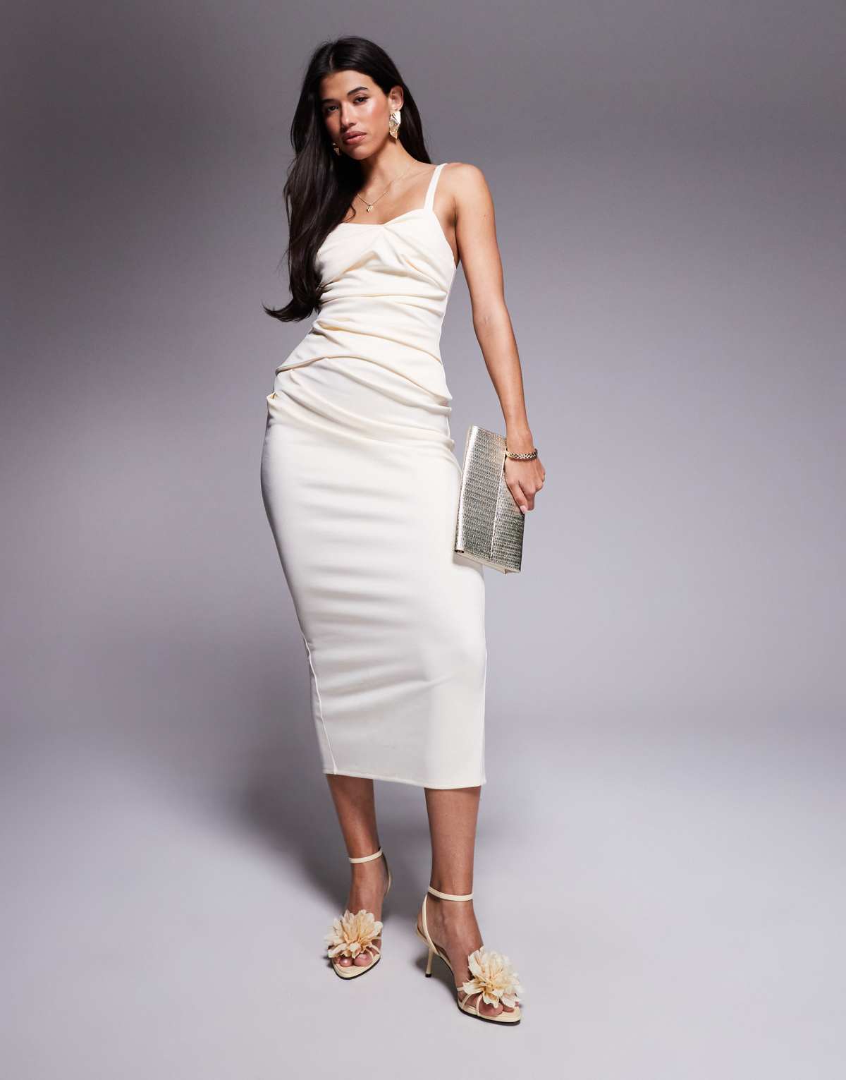 ASOS DESIGN structured pleat bodice detail midi dress in off white