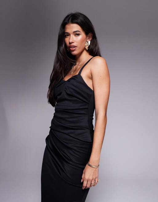 ASOS Design Structured Pleated Bodice Detail Midi Dress in Black