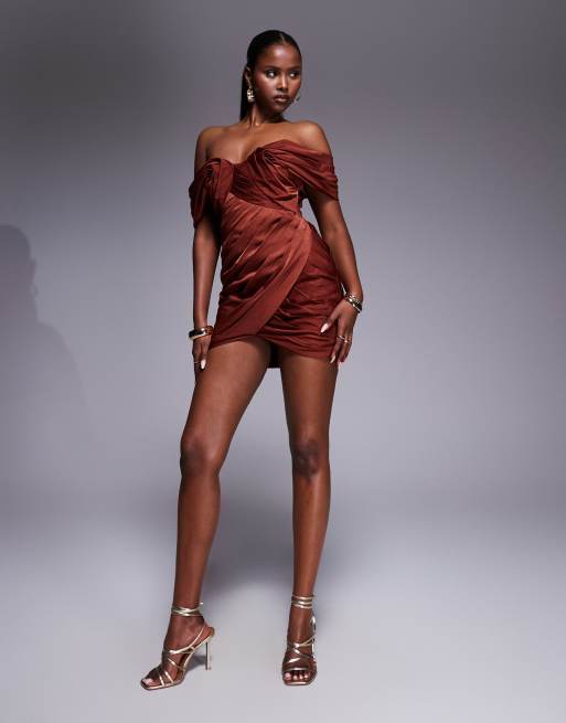 ASOS DESIGN structured pleated off shoulder mini dress in brown, 2 of 4
