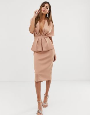 structured plunge kimono midi dress with peplum