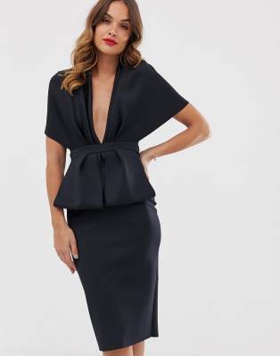 structured plunge kimono midi dress with peplum