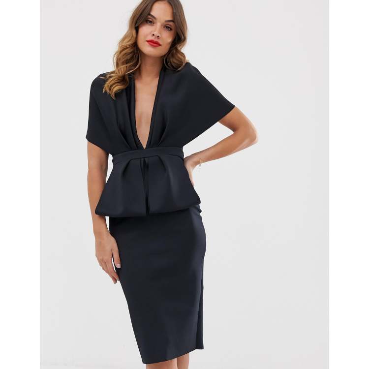 Structured plunge kimono 2025 midi dress with peplum