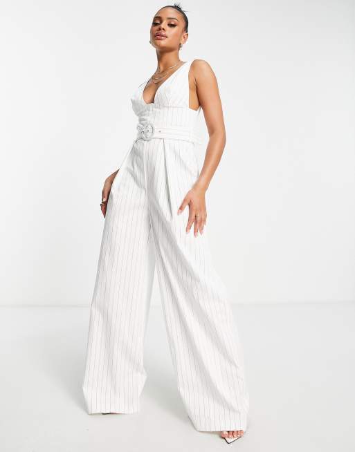 Stone Linen Look Pinstripe Plunge Halter Jumpsuit