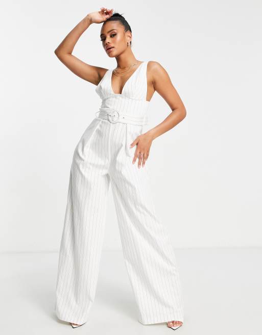 ASOS DESIGN crochet strappy plunge wide leg jumpsuit in cream