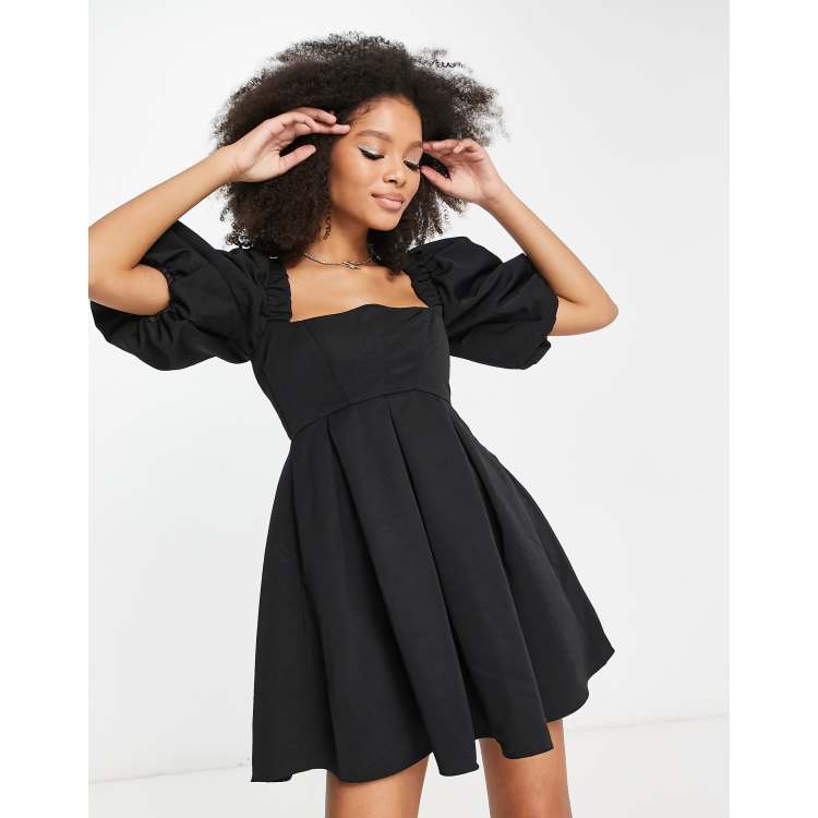 ASOS DESIGN structured prom mini dress with curved neckline detail in black