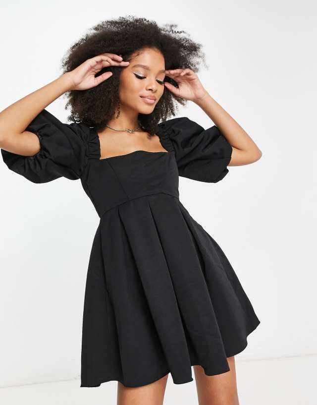 ASOS DESIGN structured prom mini dress with curved neckline detail in black