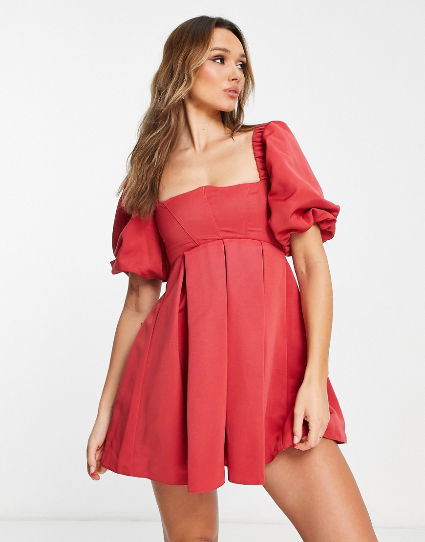 ASOS DESIGN structured prom mini dress with curved neckline detail in red-Pink