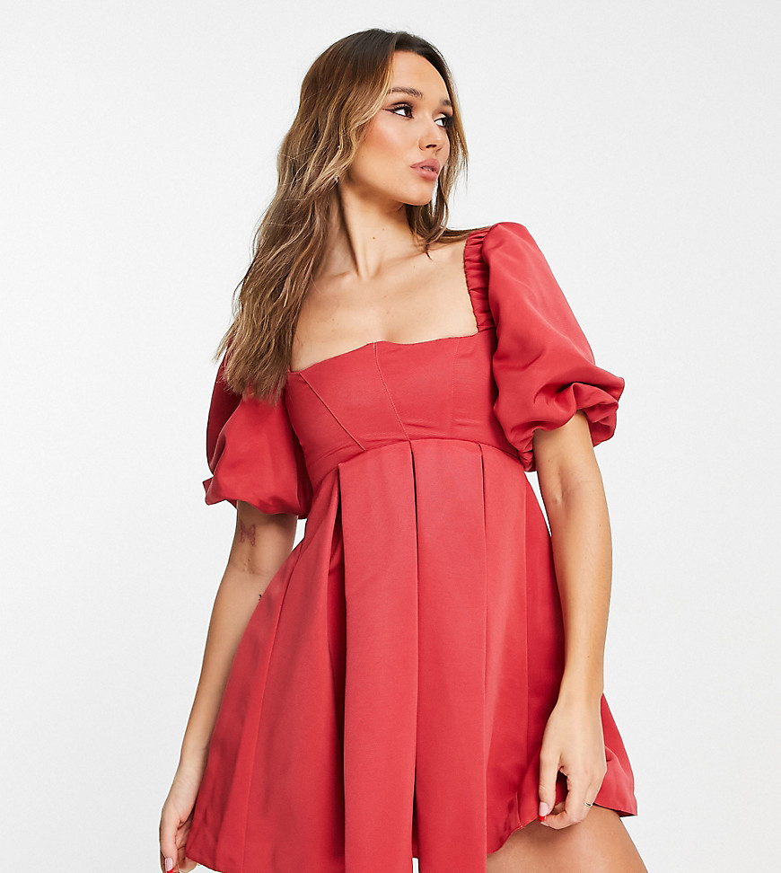 ASOS DESIGN structured prom mini dress with curved neckline detail in red-Pink