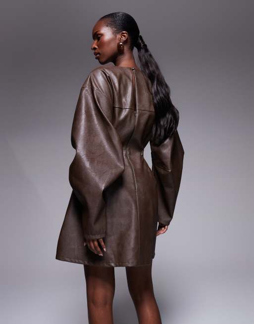 ASOS DESIGN structured PU cocoon sleeve seam detail mini dress in chocolate