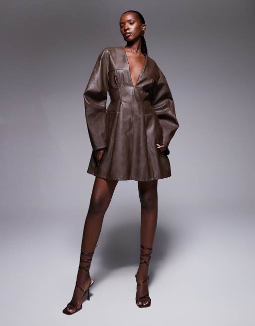ASOS DESIGN structured PU cocoon sleeve seam detail mini dress in chocolate, 3 of 4