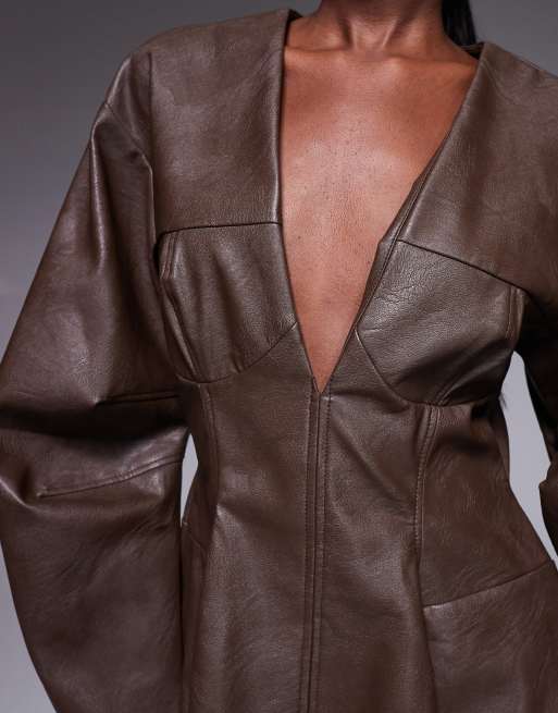 ASOS DESIGN structured PU cocoon sleeve seam detail mini dress in chocolate