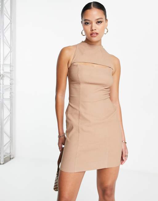 ASOS DESIGN grown on neck mini dress with ruched sides in chocolate