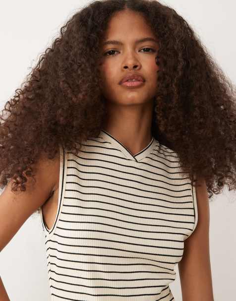ASOS DESIGN structured rib high v tank top in mono stripe - view 1