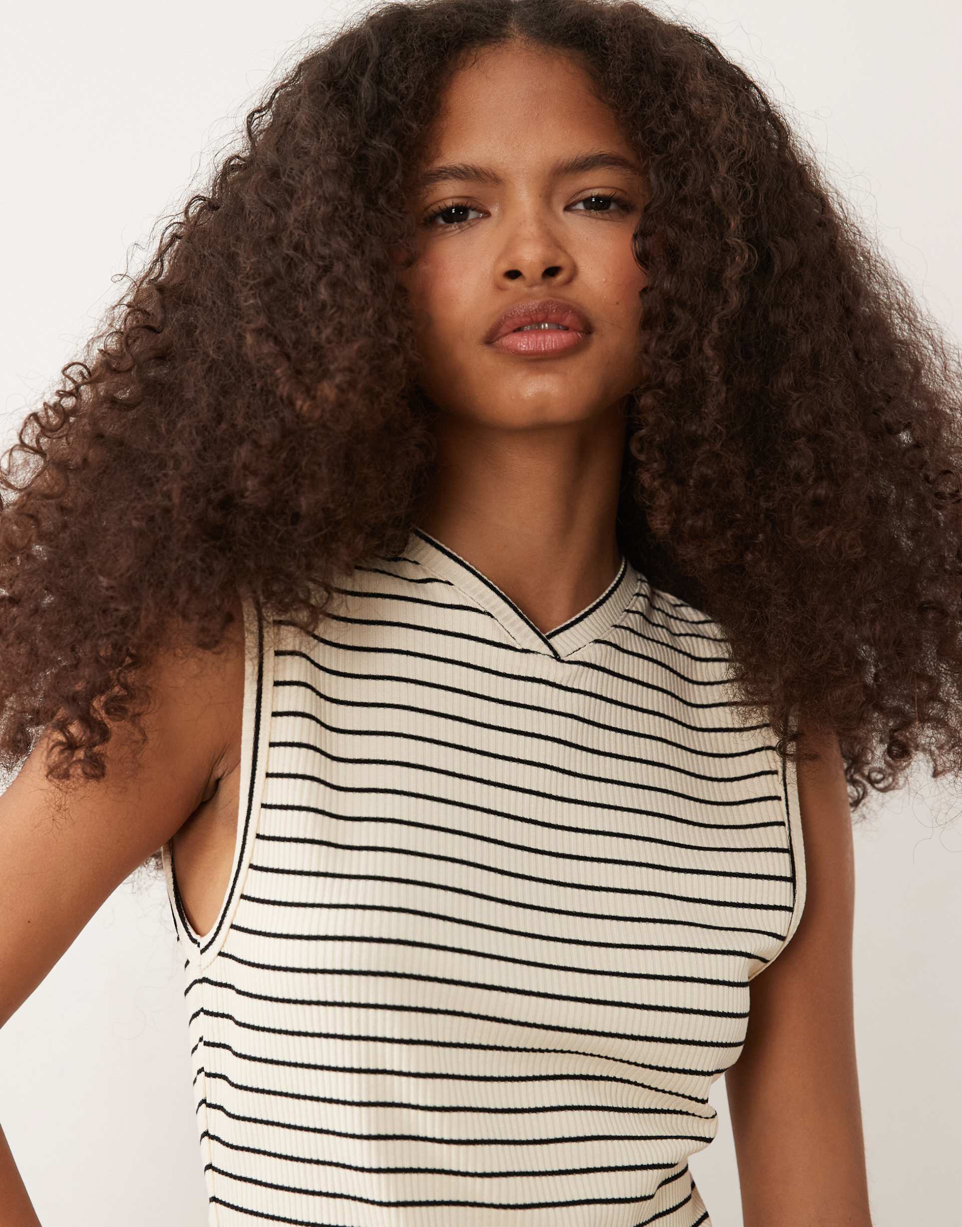 asos design structured rib high v tank top in mono stripe